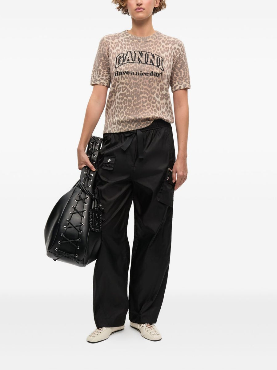 Ganni Logo Wool T Shirt For Women Beige Luxury Everyday Top With Leopard Ribbed Trim