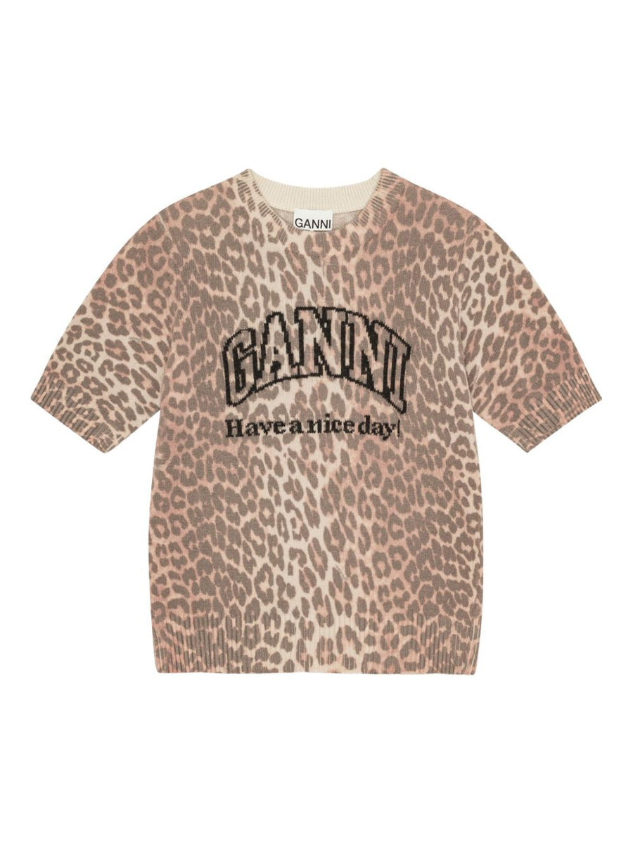 Ganni Logo Wool T Shirt For Women Beige Luxury Everyday Top With Leopard Ribbed Trim