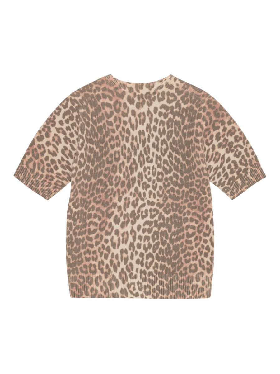 Ganni Logo Wool T Shirt For Women Beige Luxury Everyday Top With Leopard Ribbed Trim