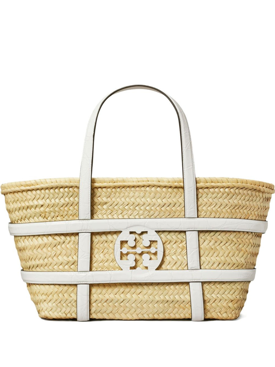 Tory Burch Ella Straw Basket Bag For Women, White Raffia, Dual Handles, Spacious Shopper