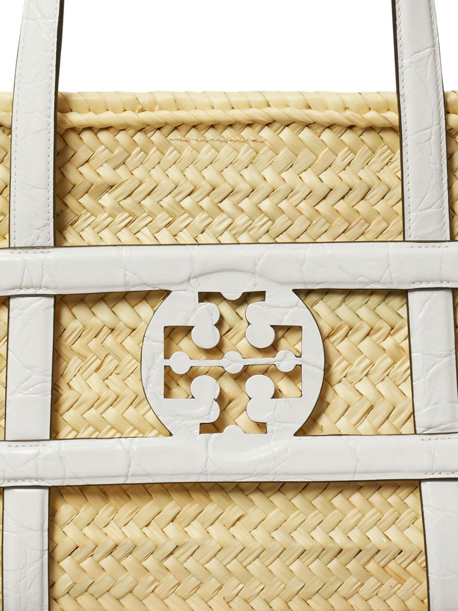 Tory Burch Ella Straw Basket Bag For Women, White Raffia, Dual Handles, Spacious Shopper