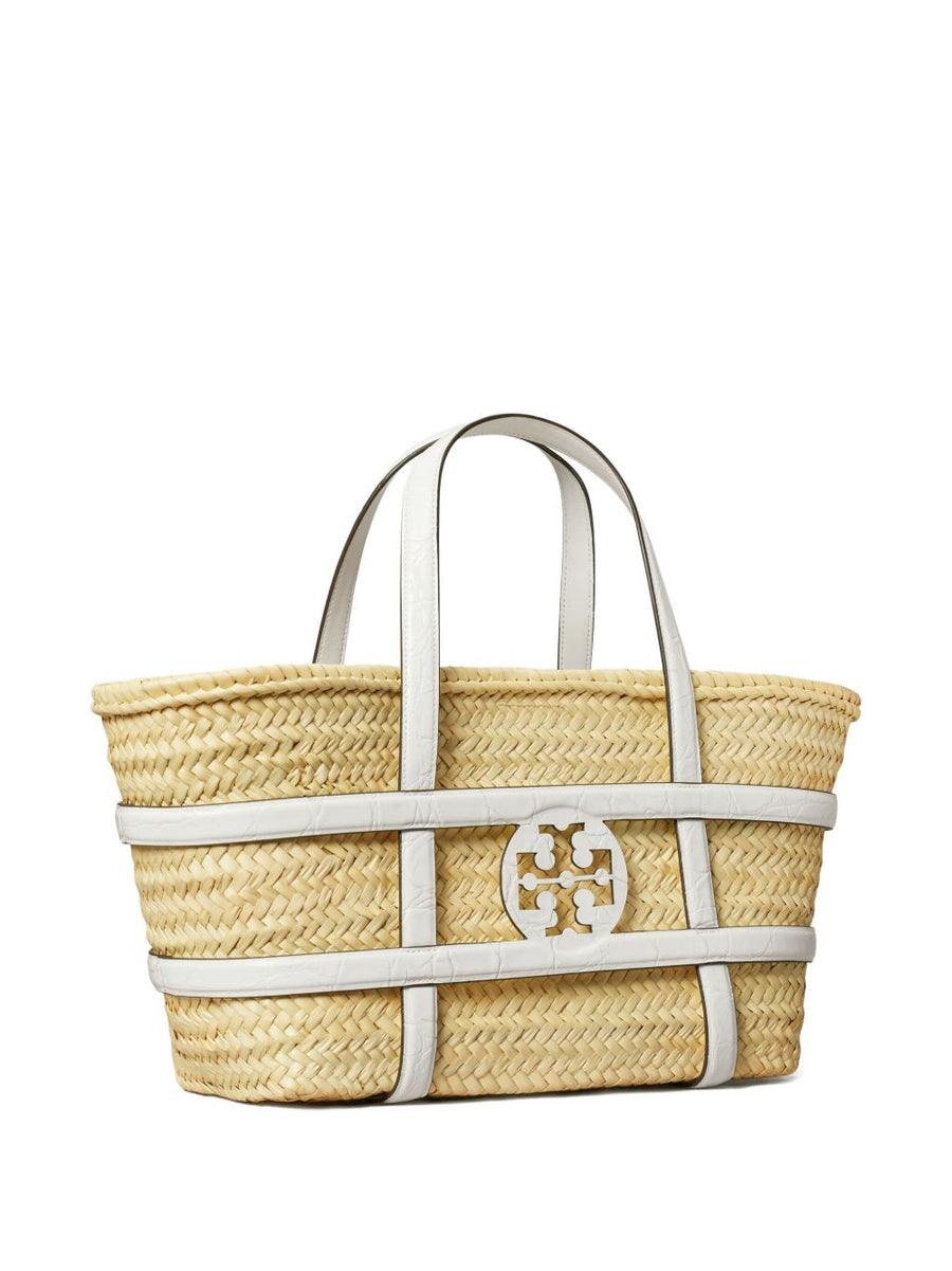 Tory Burch Ella Straw Basket Bag For Women, White Raffia, Dual Handles, Spacious Shopper