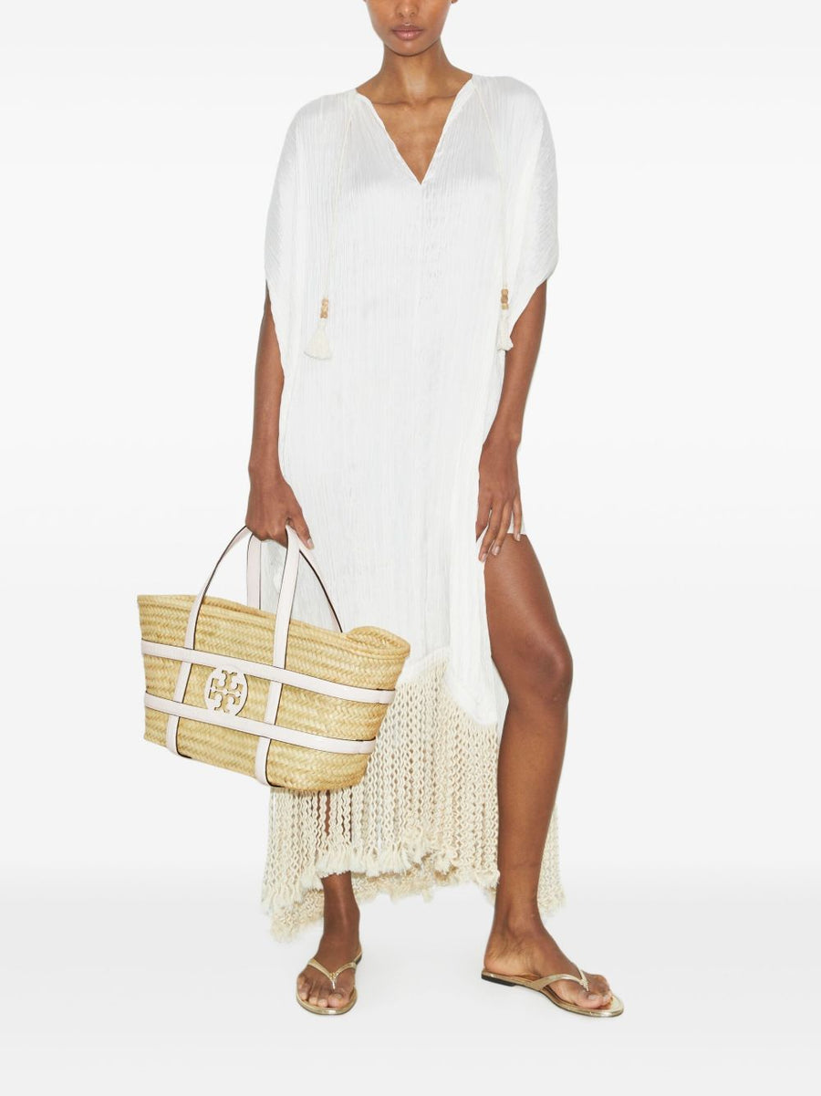Tory Burch Ella Straw Basket Bag For Women, White Raffia, Dual Handles, Spacious Shopper