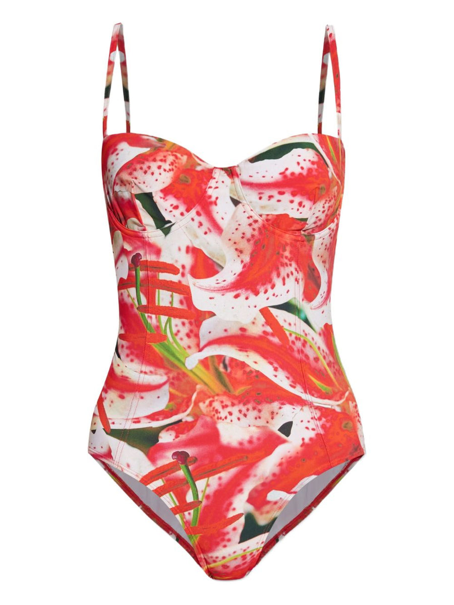 Tory Burch Printed Swimsuit For Women Bold Fuchsia Design Open Back Spaghetti Straps Resort Wear