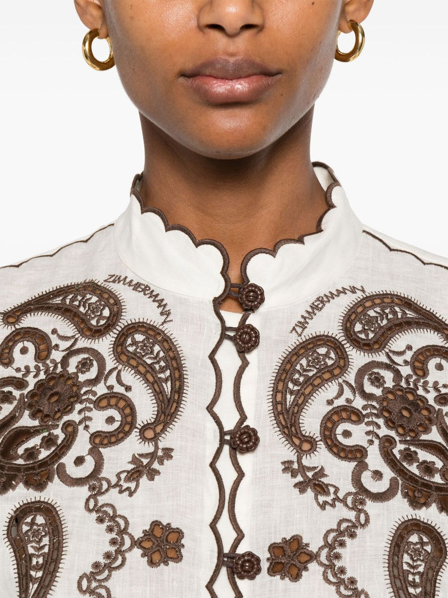 Zimmermann Ascension Embroidered Linen Shirt For Women Mock Neck Short Sleeve Front Button Resort Luxury