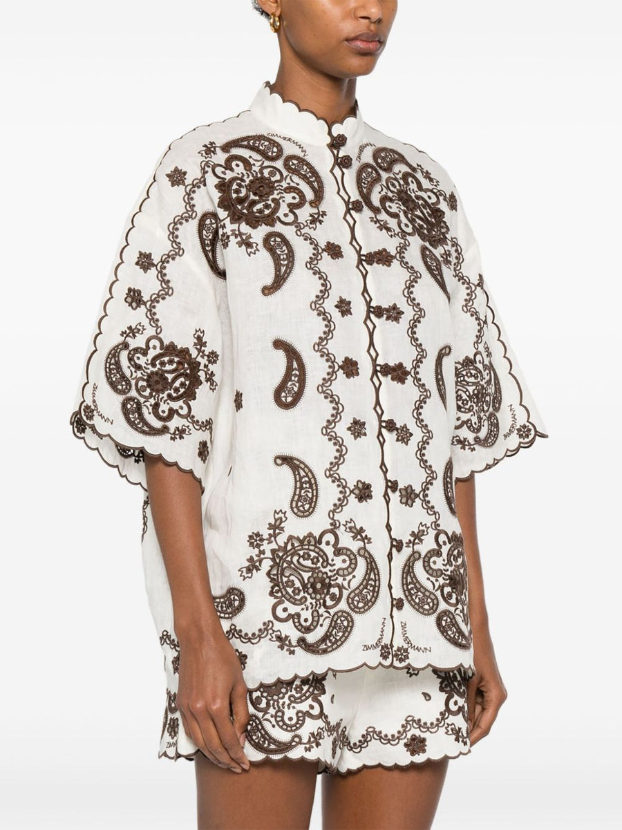 Zimmermann Ascension Embroidered Linen Shirt For Women Mock Neck Short Sleeve Front Button Resort Luxury