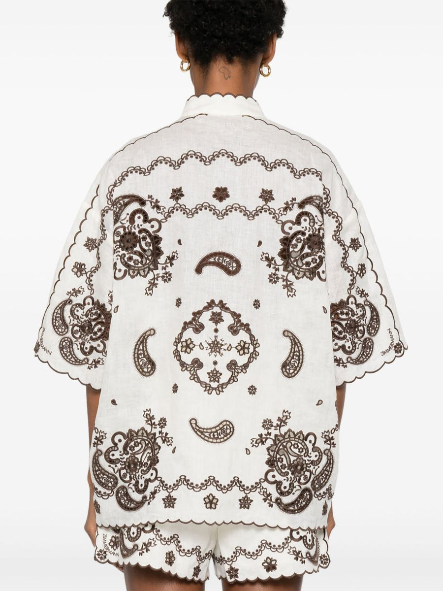 Zimmermann Ascension Embroidered Linen Shirt For Women Mock Neck Short Sleeve Front Button Resort Luxury
