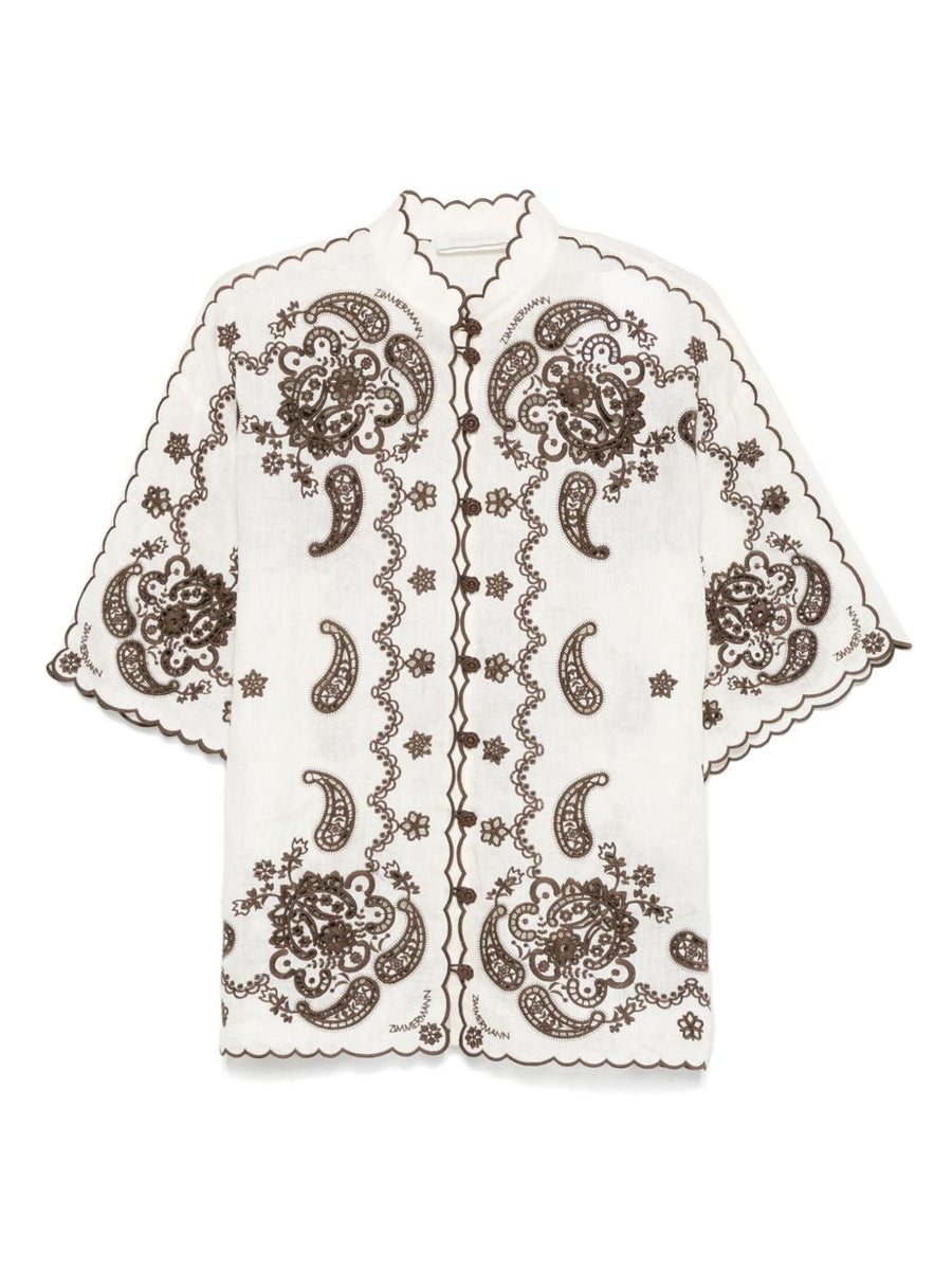 Zimmermann Ascension Embroidered Linen Shirt For Women Mock Neck Short Sleeve Front Button Resort Luxury