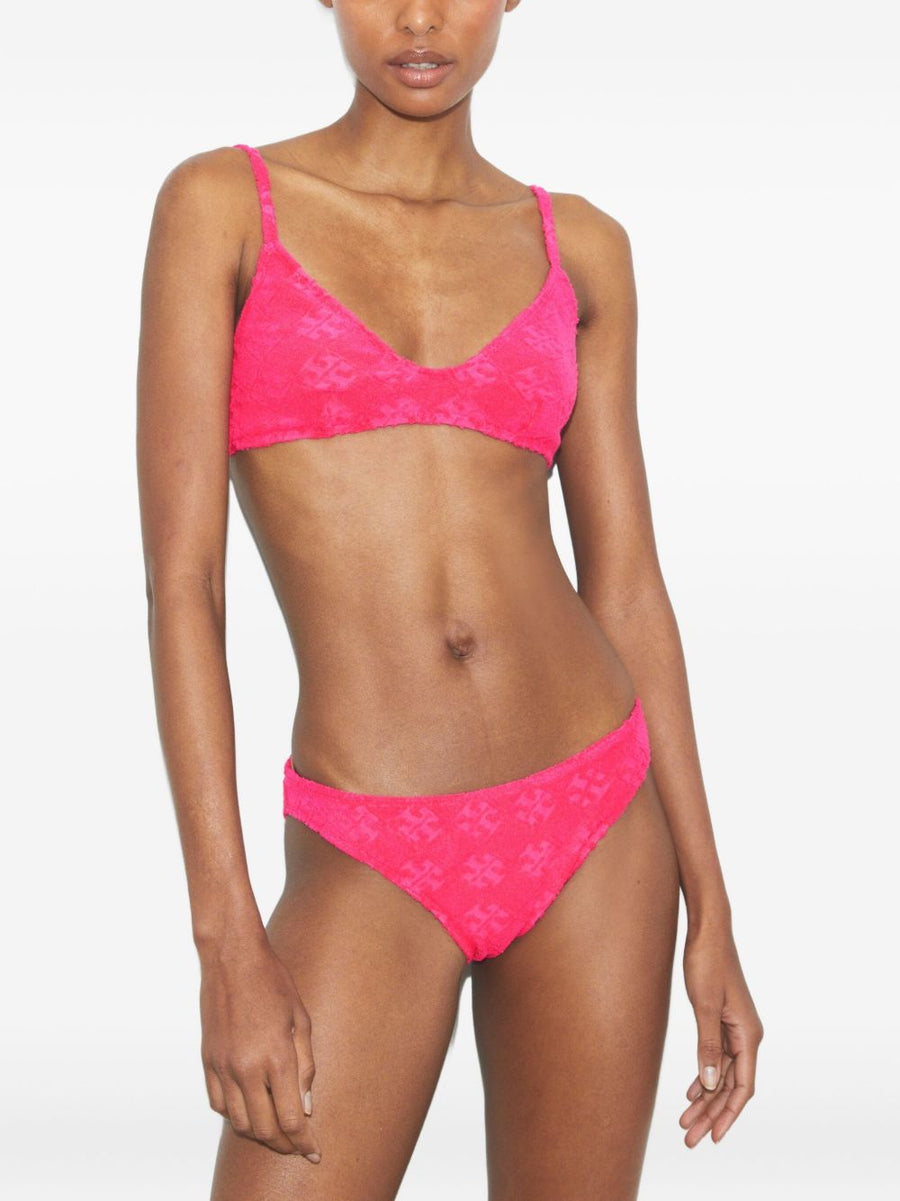 Tory Burch Terry Bikini Bottom for Women in Fuchsia With Bold Logo Print, Low Rise, Fully Lined