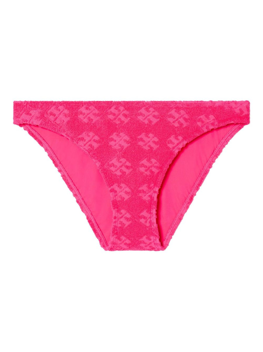 Tory Burch Terry Bikini Bottom for Women in Fuchsia With Bold Logo Print, Low Rise, Fully Lined