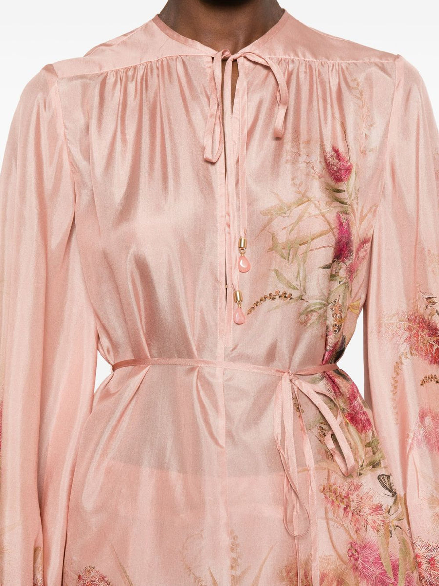 Zimmermann Floral Print Silk Blouse With Tie Waist Long Sleeves For Women Luxury Top