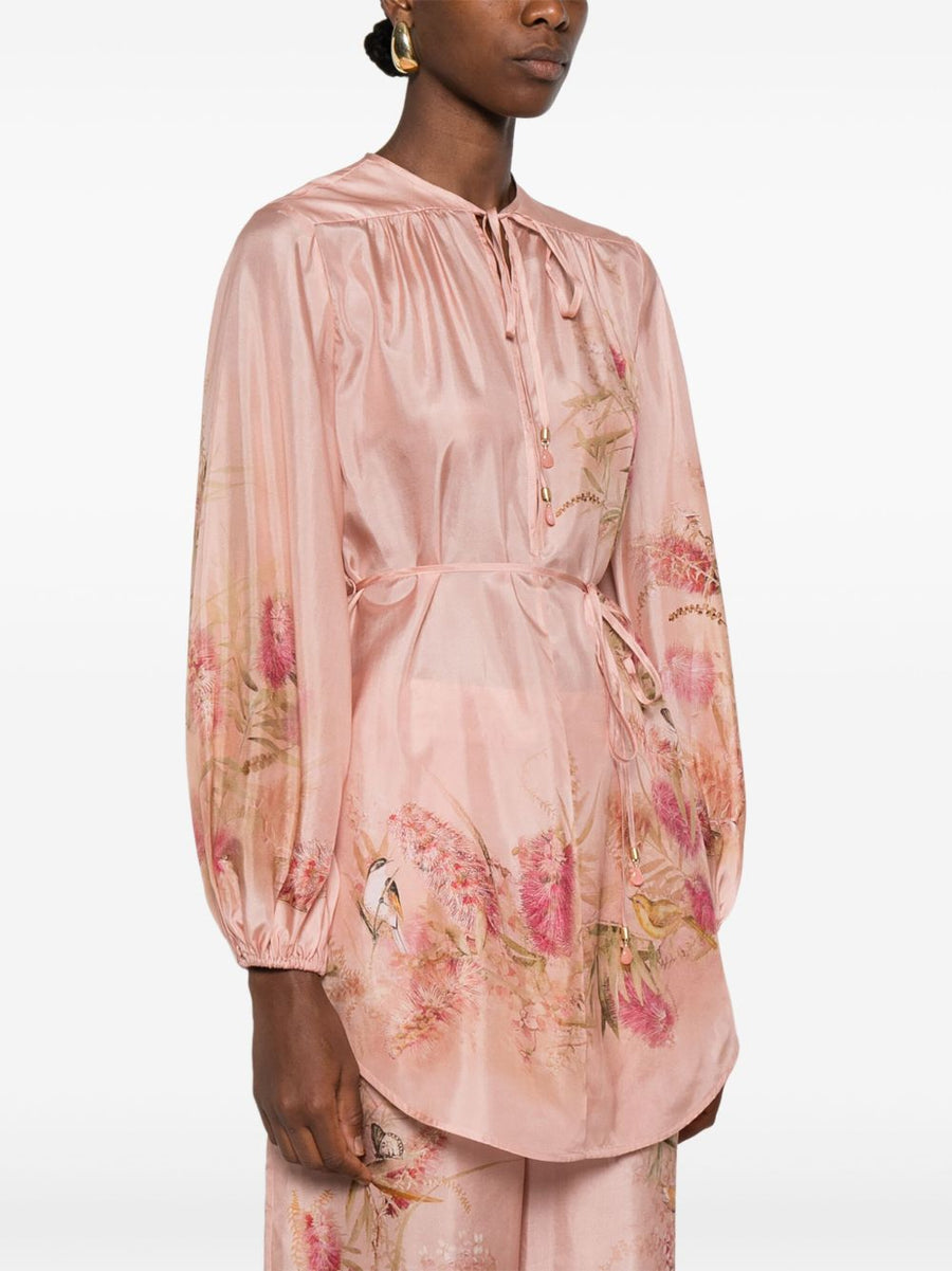 Zimmermann Floral Print Silk Blouse With Tie Waist Long Sleeves For Women Luxury Top