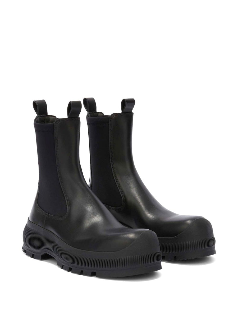 Jil Sander Plus Leather Chelsea Boots For Women Timeless Stretch Slip On With Rear Logo And Double Pull Tabs Rubber Sole