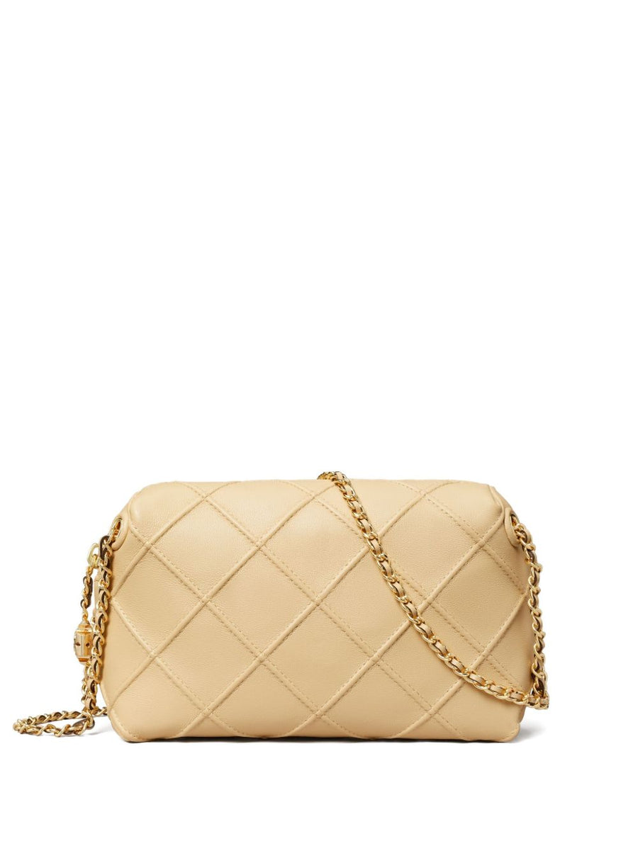 Tory Burch Fleming Soft Shoulder Bag for Women Diamond Quilted Sesame Beige Calf Leather Zip Closure Gold Chain Strap