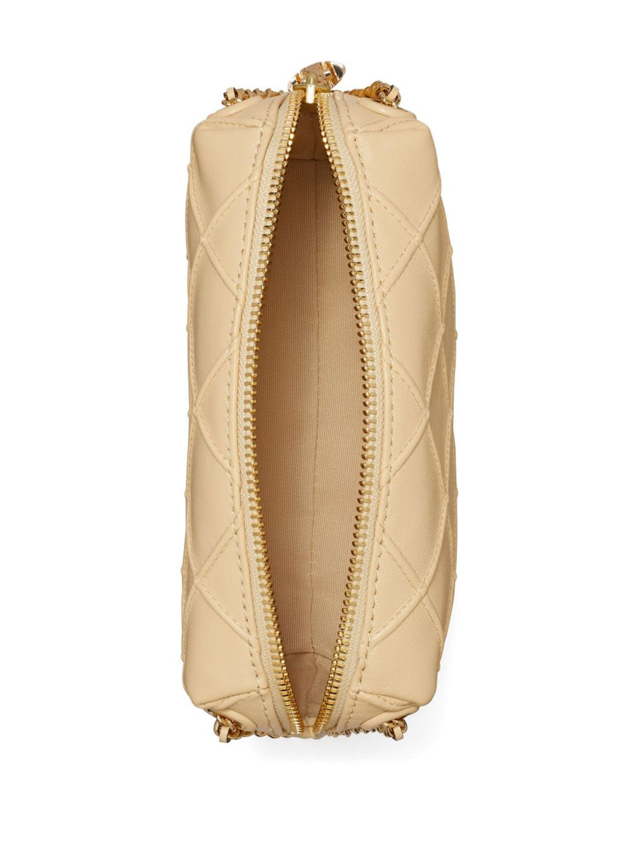 Tory Burch Fleming Soft Shoulder Bag for Women Diamond Quilted Sesame Beige Calf Leather Zip Closure Gold Chain Strap