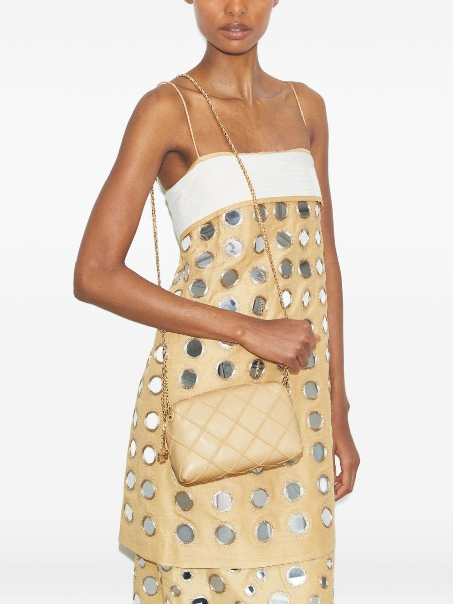 Tory Burch Fleming Soft Shoulder Bag for Women Diamond Quilted Sesame Beige Calf Leather Zip Closure Gold Chain Strap