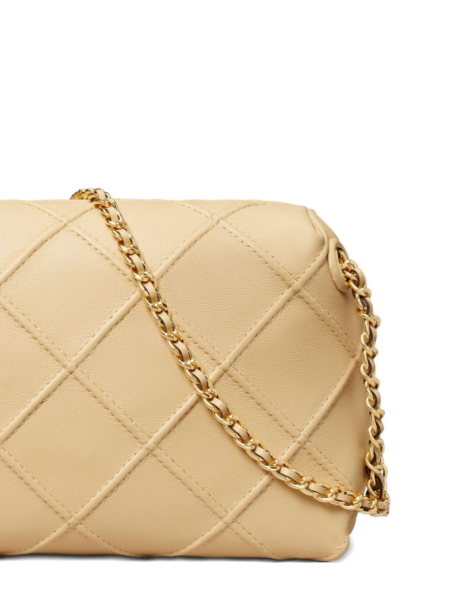 Tory Burch Fleming Soft Shoulder Bag for Women Diamond Quilted Sesame Beige Calf Leather Zip Closure Gold Chain Strap