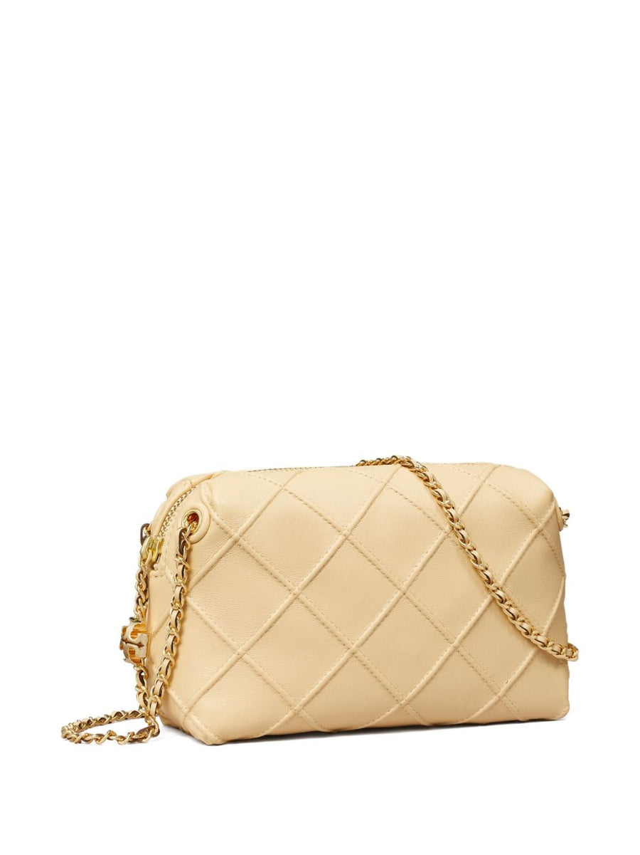 Tory Burch Fleming Soft Shoulder Bag for Women Diamond Quilted Sesame Beige Calf Leather Zip Closure Gold Chain Strap