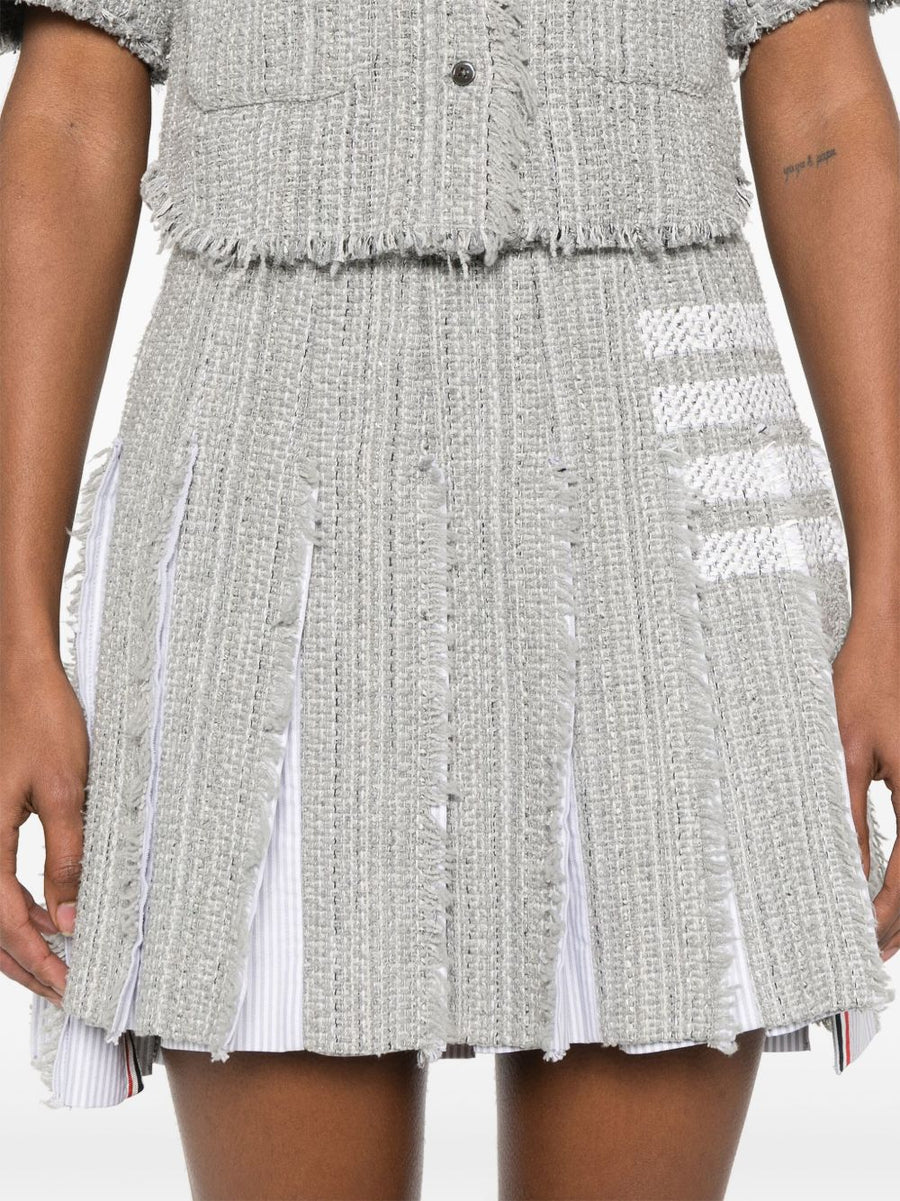 Thom Browne Four Bar Stripe Cotton Blend Skirt For Women Signature Fray Edge Side Zip