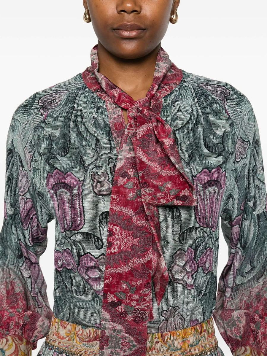 Pierre Louis Mascia Silk Floral Pussy Bow Shirt for Women Multicolor Print Long Sleeve