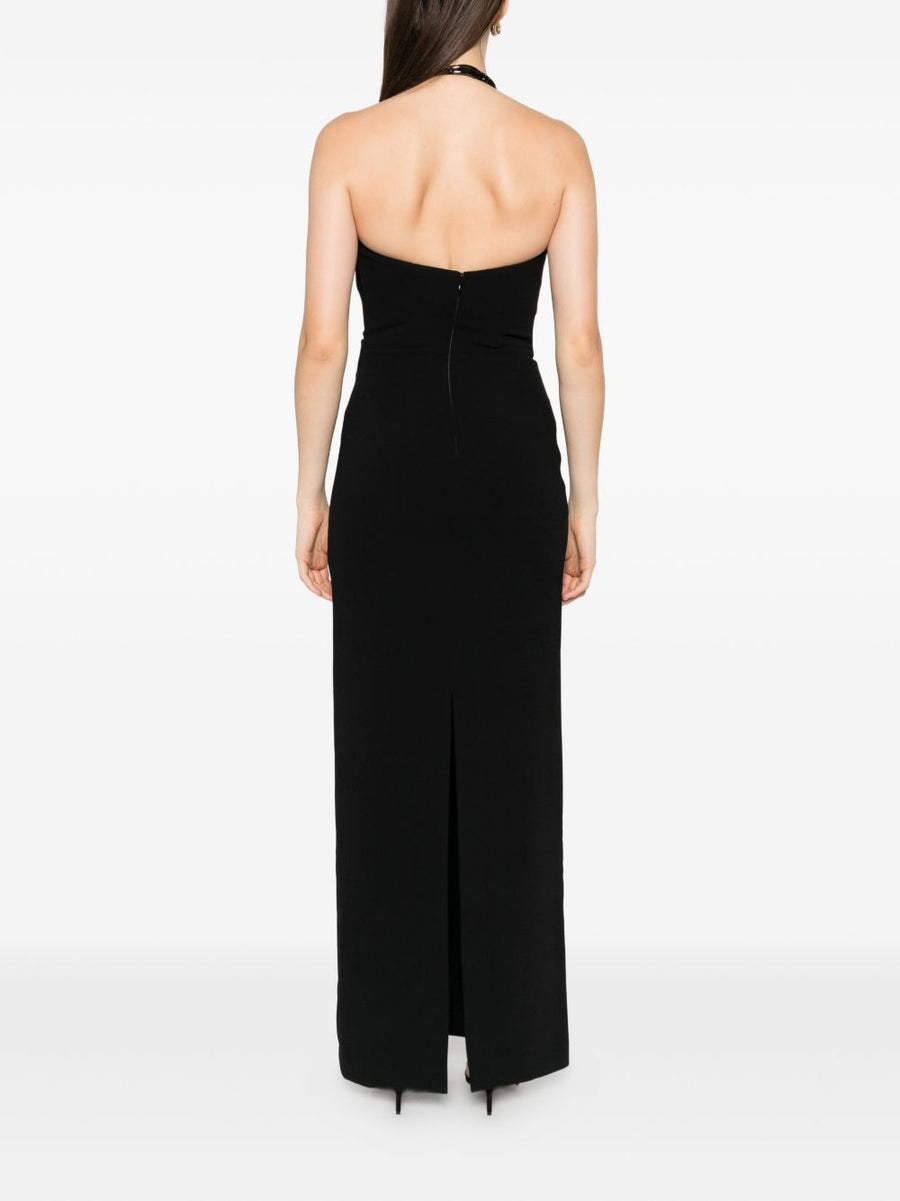Solace London Riva Maxi Dress Beaded Halter Neck Draped Bodice Elegant Black Evening Gown for Women