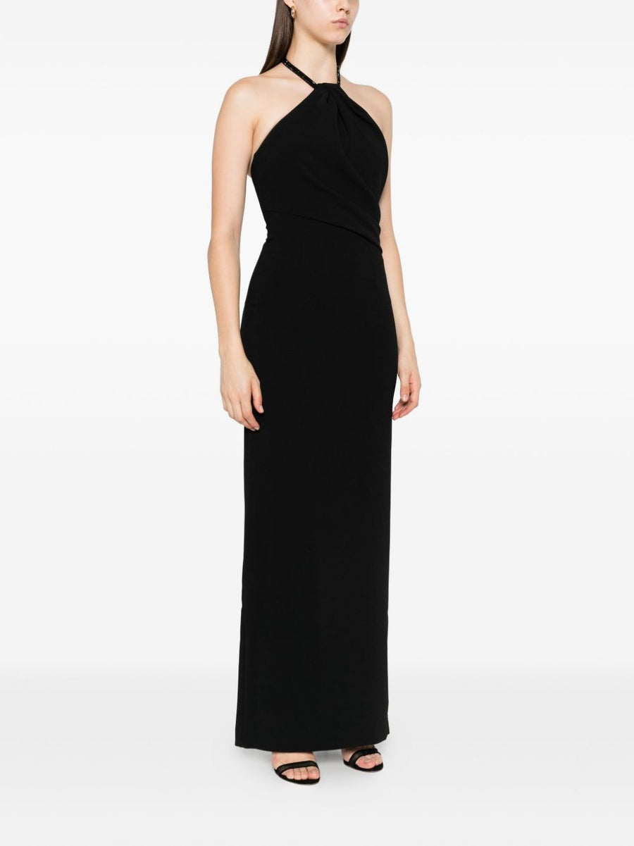 Solace London Riva Maxi Dress Beaded Halter Neck Draped Bodice Elegant Black Evening Gown for Women