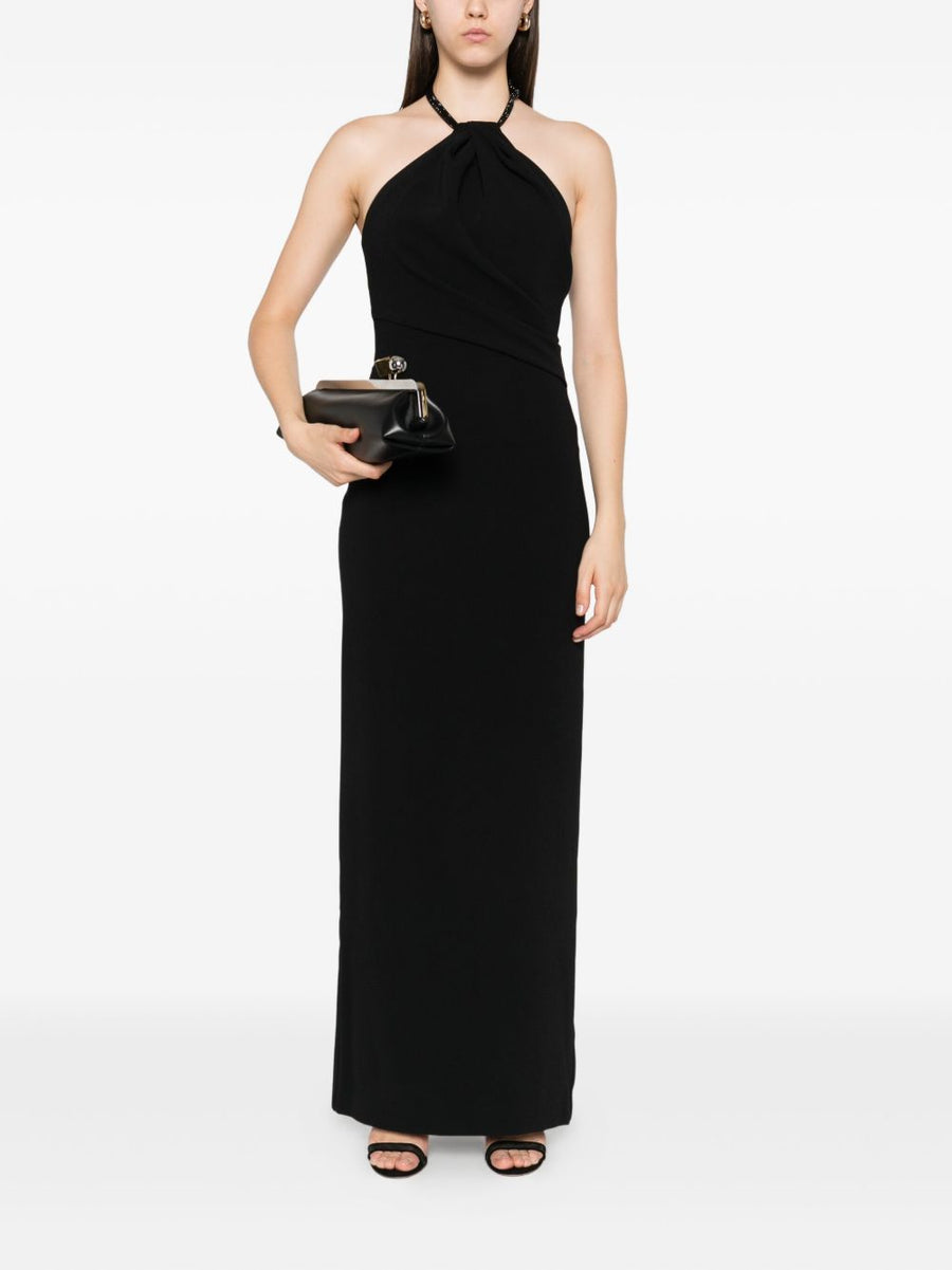 Solace London Riva Maxi Dress Beaded Halter Neck Draped Bodice Elegant Black Evening Gown for Women