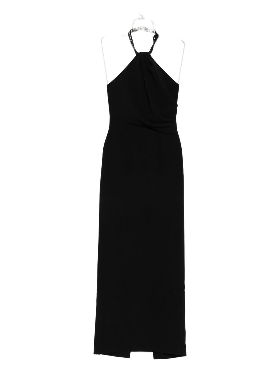 Solace London Riva Maxi Dress Beaded Halter Neck Draped Bodice Elegant Black Evening Gown for Women