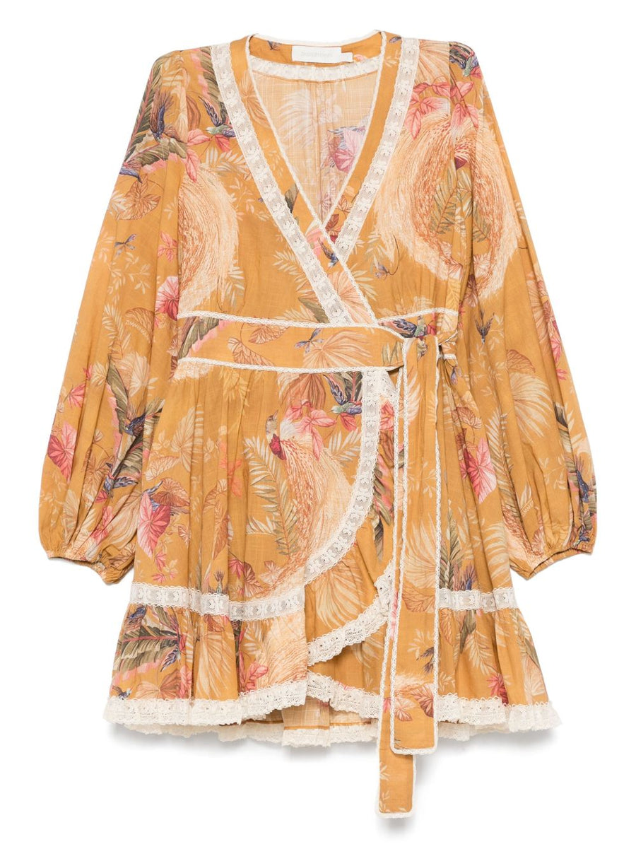 Zimmermann Ascension Ruffle Mini Dress Mustard Cotton For Women With Lace Detailing And Side Tie