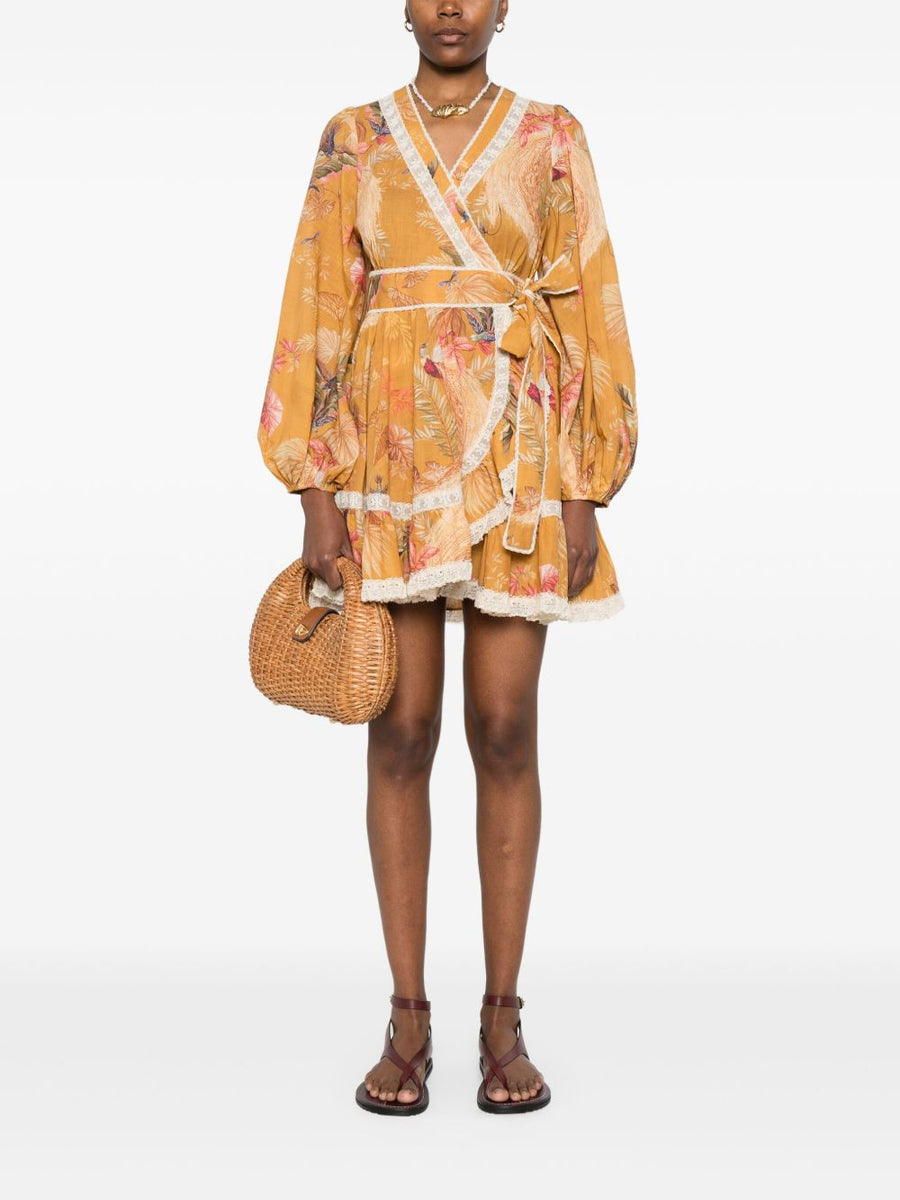 Zimmermann Ascension Ruffle Mini Dress Mustard Cotton For Women With Lace Detailing And Side Tie