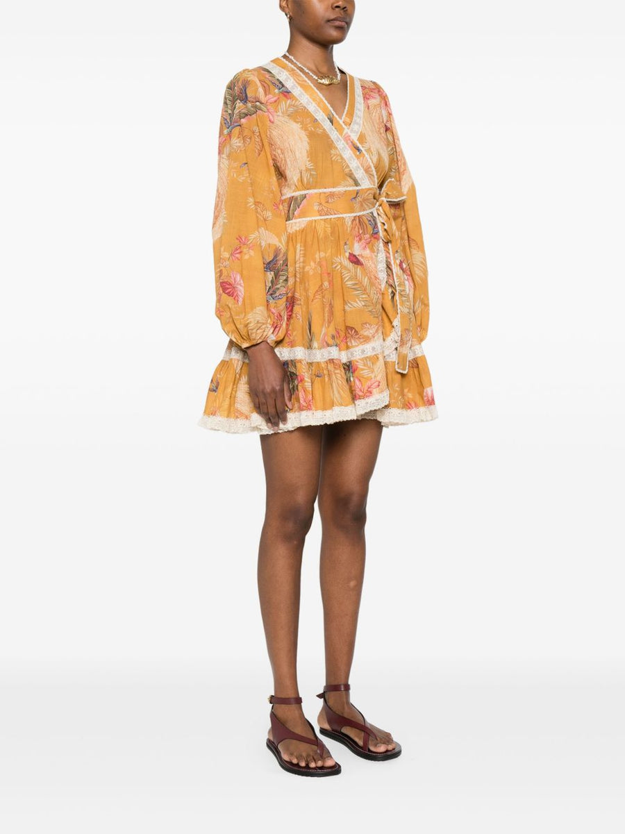 Zimmermann Ascension Ruffle Mini Dress Mustard Cotton For Women With Lace Detailing And Side Tie