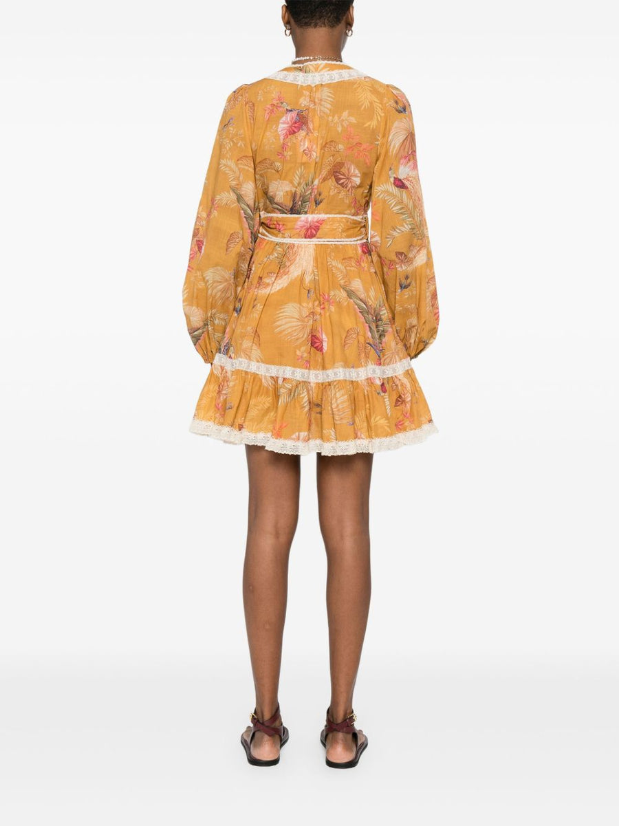 Zimmermann Ascension Ruffle Mini Dress Mustard Cotton For Women With Lace Detailing And Side Tie