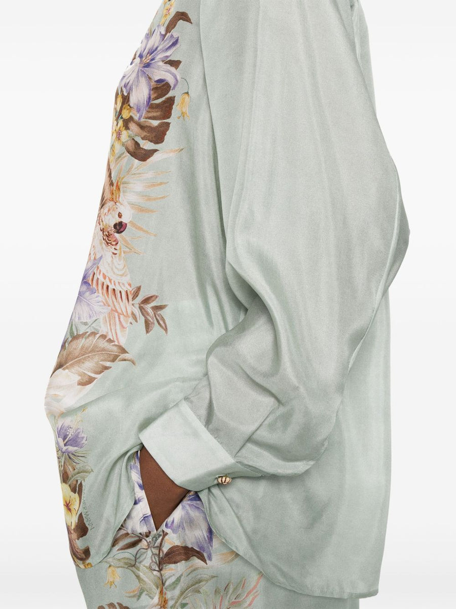 Zimmermann Coco Silk Shirt Aqua Green For Women Luxury Floral Front Button Versatile Day To Night