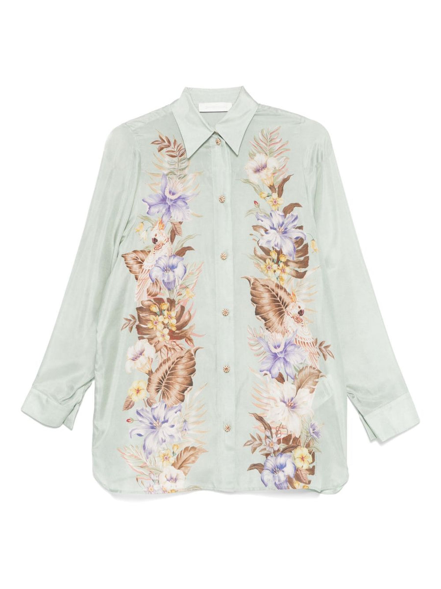 Zimmermann Coco Silk Shirt Aqua Green For Women Luxury Floral Front Button Versatile Day To Night