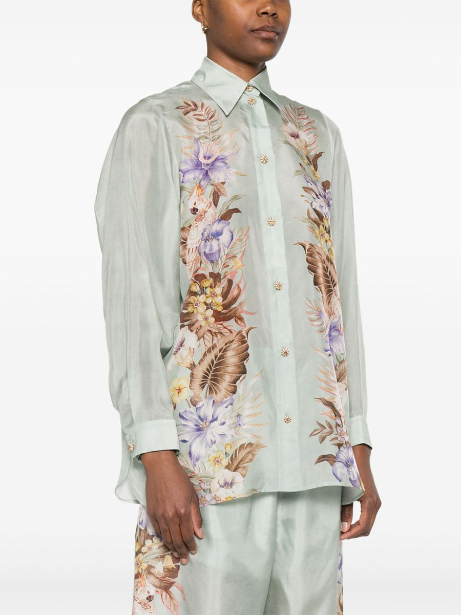 Zimmermann Coco Silk Shirt Aqua Green For Women Luxury Floral Front Button Versatile Day To Night