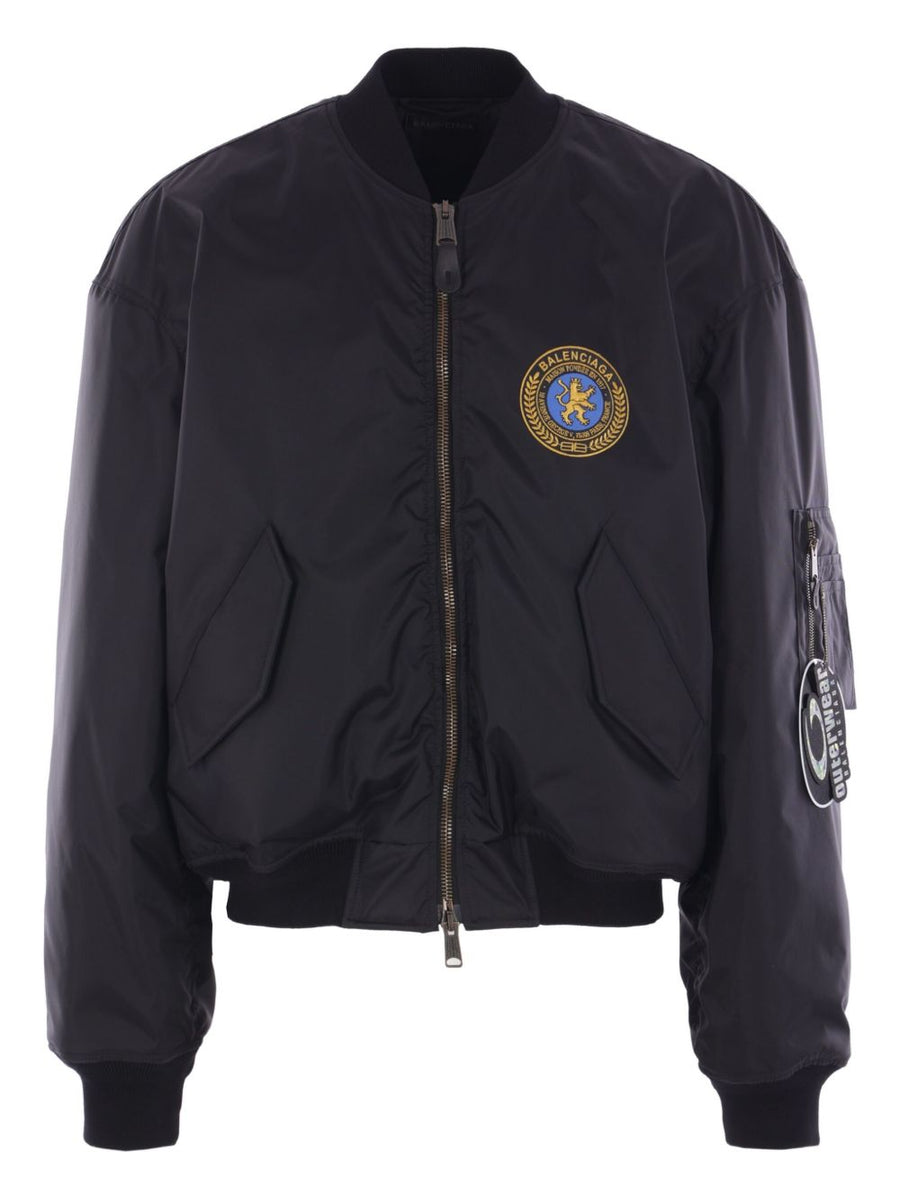 Balenciaga Zip Up Nylon Bomber Jacket For Men With Front Zip Pockets Embroidered Emblem