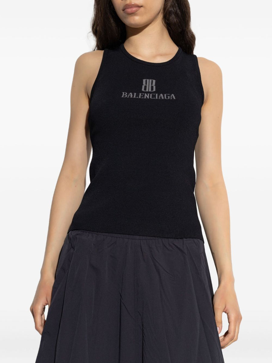 Balenciaga Nano BB Tank Top For Women Sleek Logo Intarsia Knit Black Premium Viscose Blend