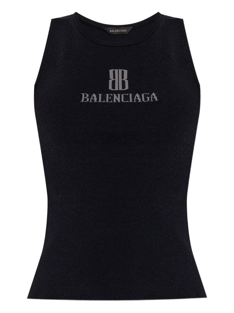 Balenciaga Nano BB Tank Top For Women Sleek Logo Intarsia Knit Black Premium Viscose Blend
