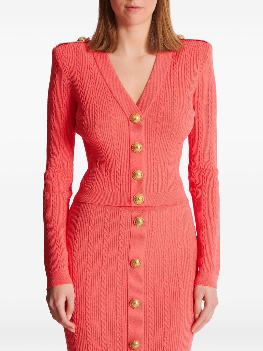 Balmain Twisted Knit Cardigan For Women With Plunging V-Neck Epaulettes Logo Buttons Luxury Layering
