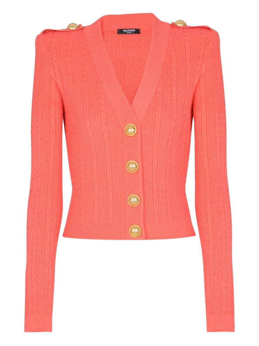 Balmain Twisted Knit Cardigan For Women With Plunging V-Neck Epaulettes Logo Buttons Luxury Layering