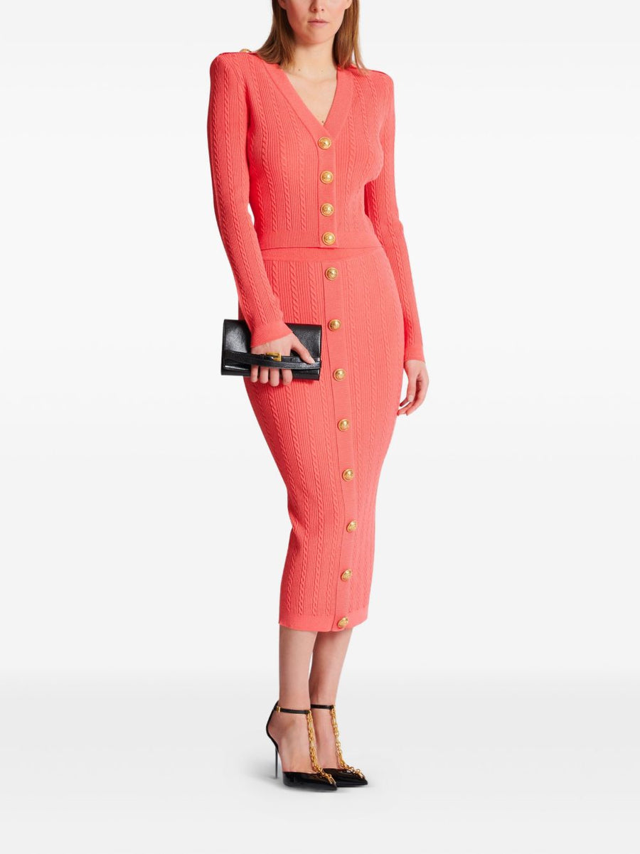 Balmain Twisted Knit Cardigan For Women With Plunging V-Neck Epaulettes Logo Buttons Luxury Layering