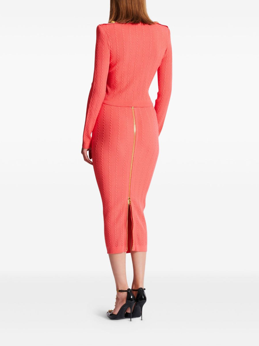 Balmain Twisted Knit Cardigan For Women With Plunging V-Neck Epaulettes Logo Buttons Luxury Layering