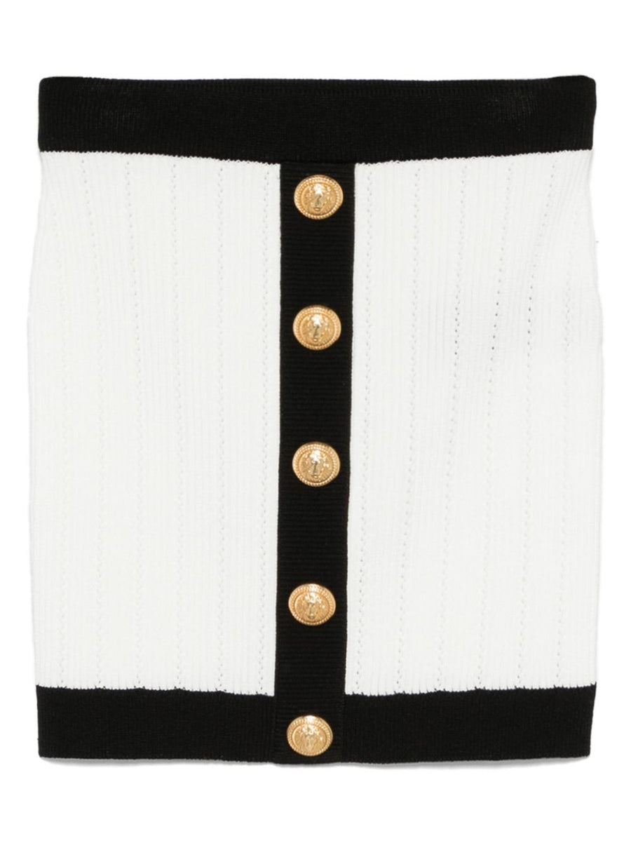 Balmain Button Embellished Ribbed Knit Mini Skirt White for Women Two Tone Luxury Day to Night Couture