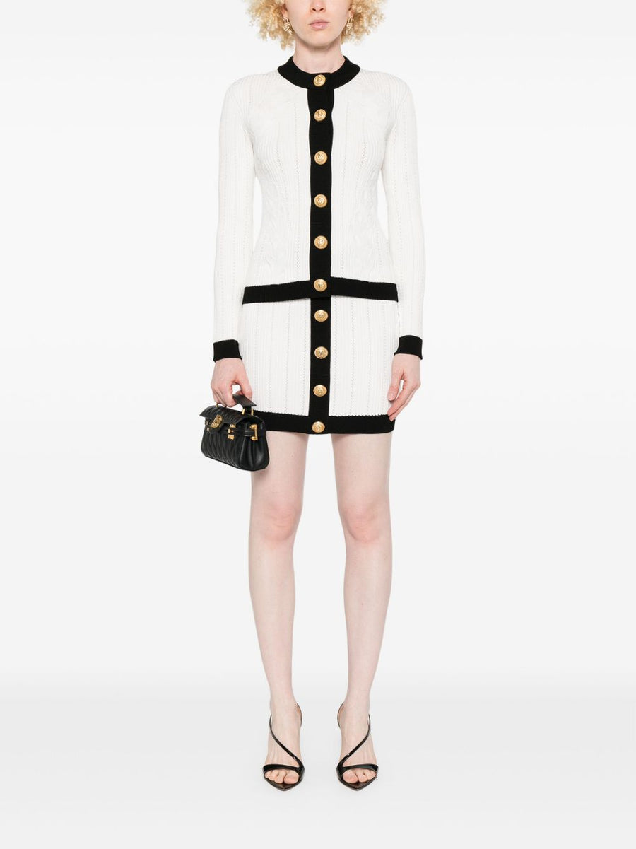 Balmain Button Embellished Ribbed Knit Mini Skirt White for Women Two Tone Luxury Day to Night Couture