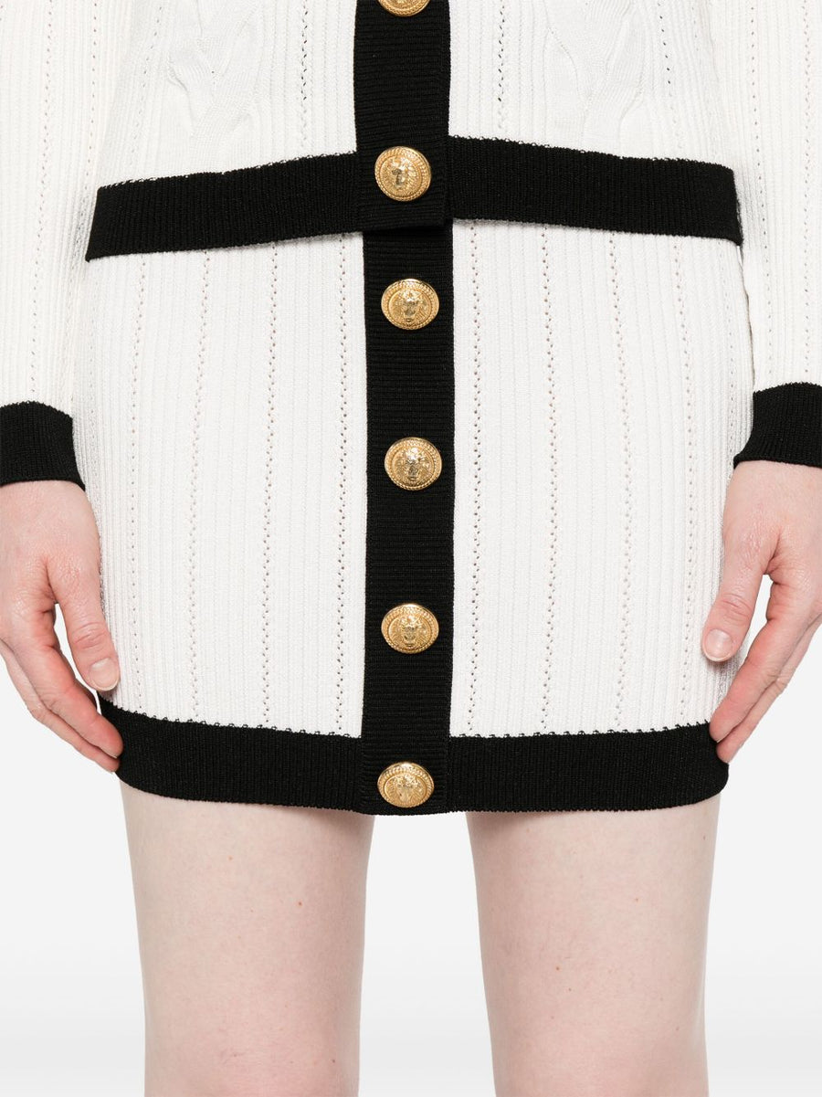 Balmain Button Embellished Ribbed Knit Mini Skirt White for Women Two Tone Luxury Day to Night Couture