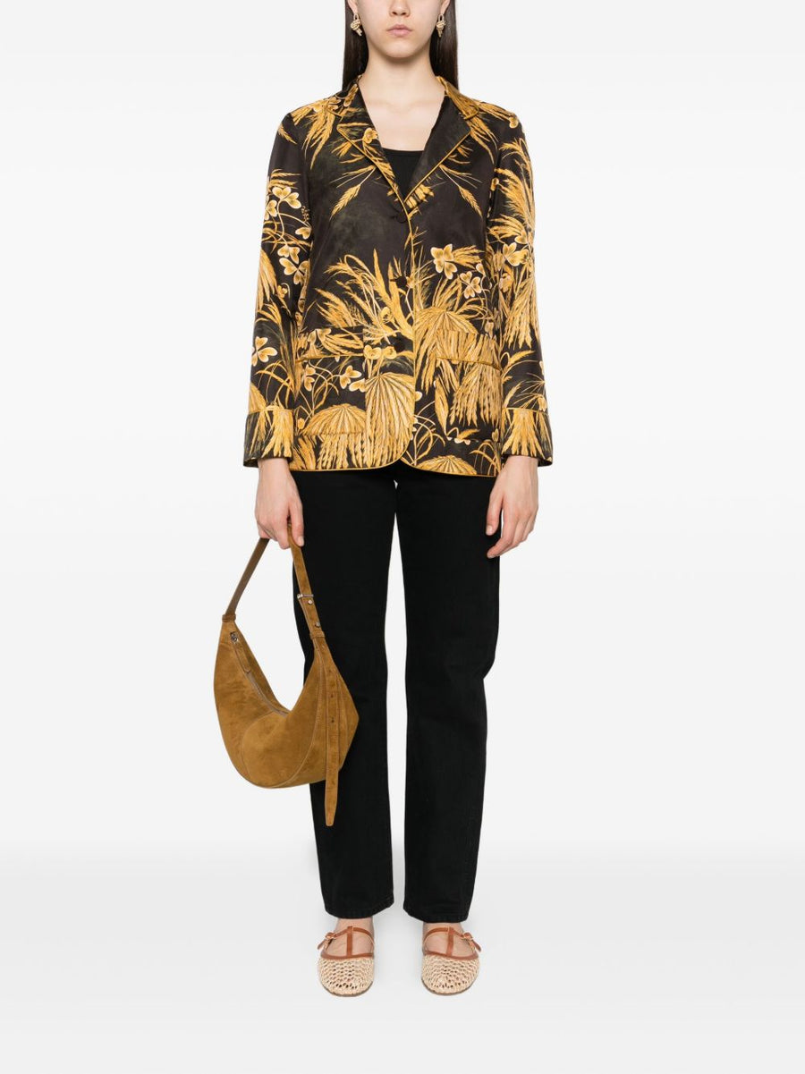 F.R.S Luxurious Printed Silk Shirt For Women, Yellow Floral Print, Mandarin Collar