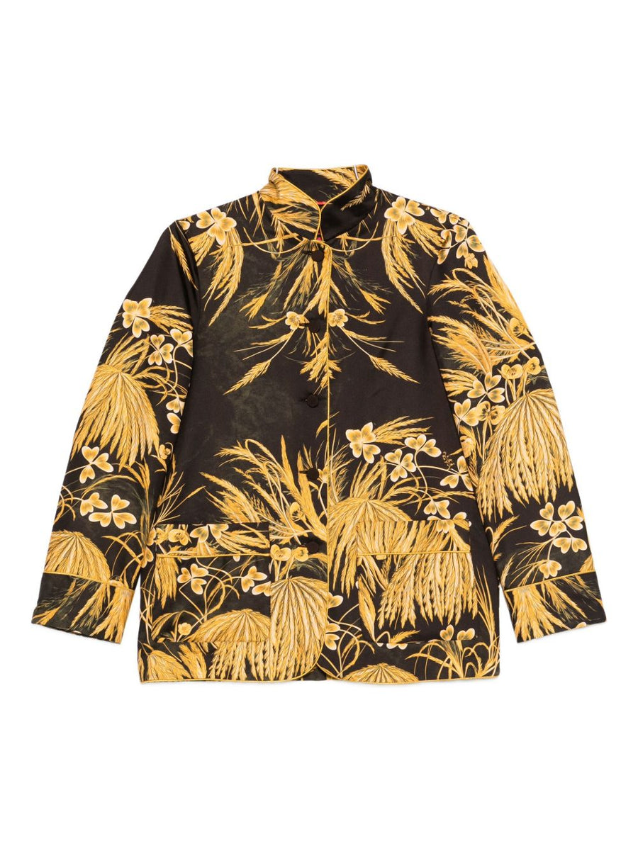 F.R.S Luxurious Printed Silk Shirt For Women, Yellow Floral Print, Mandarin Collar