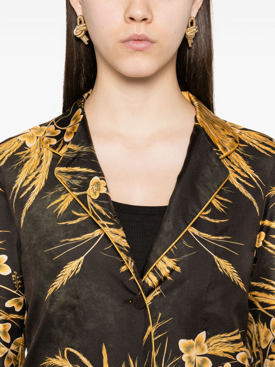 F.R.S Luxurious Printed Silk Shirt For Women, Yellow Floral Print, Mandarin Collar
