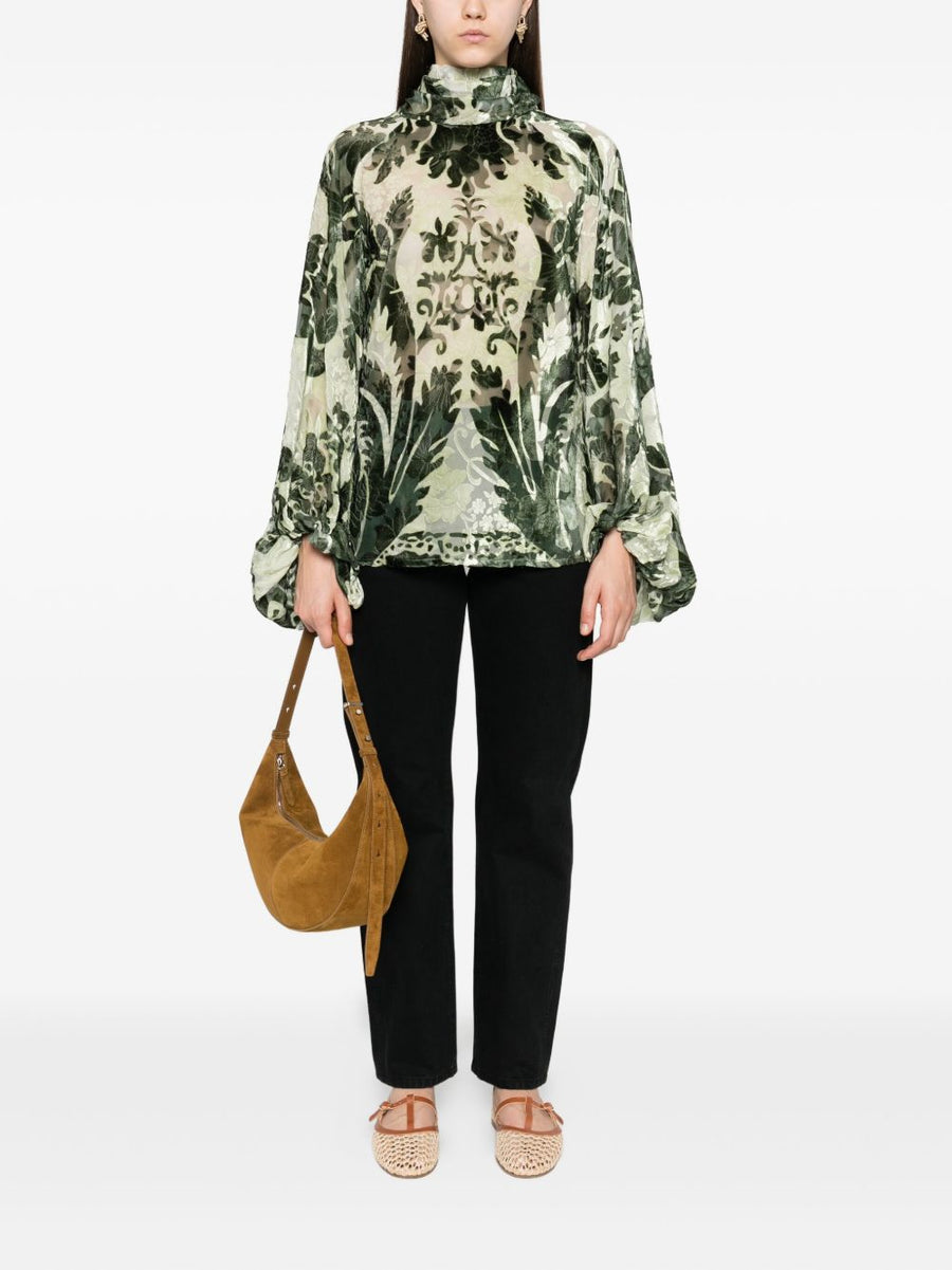 FRS Silk Blend Green Floral Blouse With Tie Neck And Balloon Sleeves For Women Fall Winter 2025