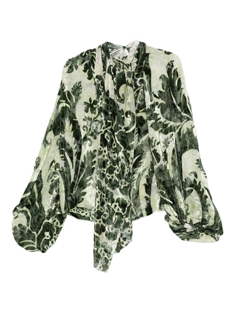 FRS Silk Blend Green Floral Blouse With Tie Neck And Balloon Sleeves For Women Fall Winter 2025